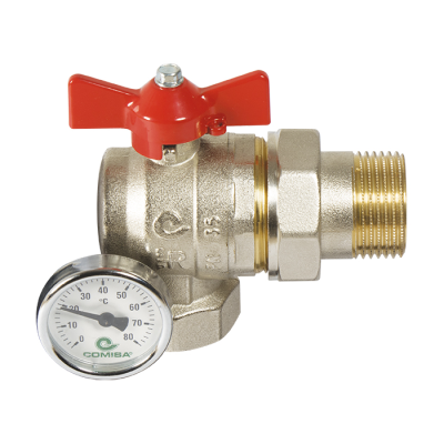 Ъглов кран за колектор 1"M x 1"F с холендрова връзка и термометър, черв. Т-дръжка