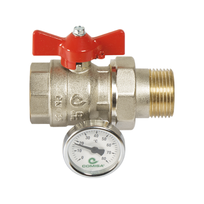 Прав Сферичен кран за Колектор 1" M x 1" Ж термометър
